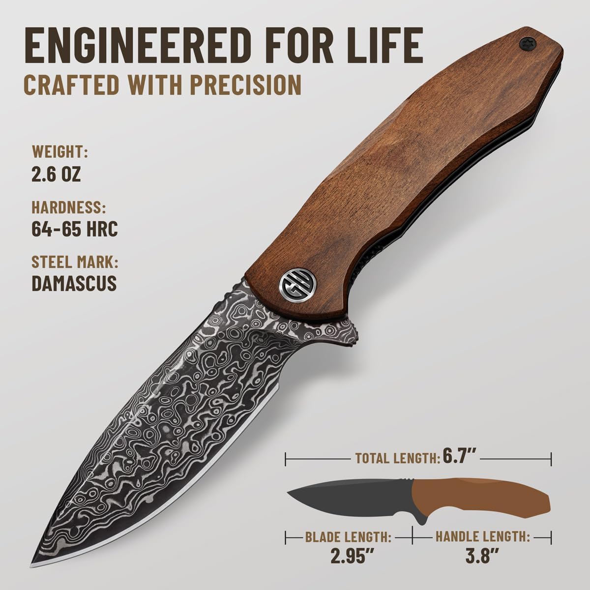 GOOD WORKER Folding Pocket Knife – Damascus Blade Guibourtia Wood Handle – Elegant Gift-Ready EDC Knife with Deep Carry Clip, Legal in All States - Gifts for Men - 6700 D