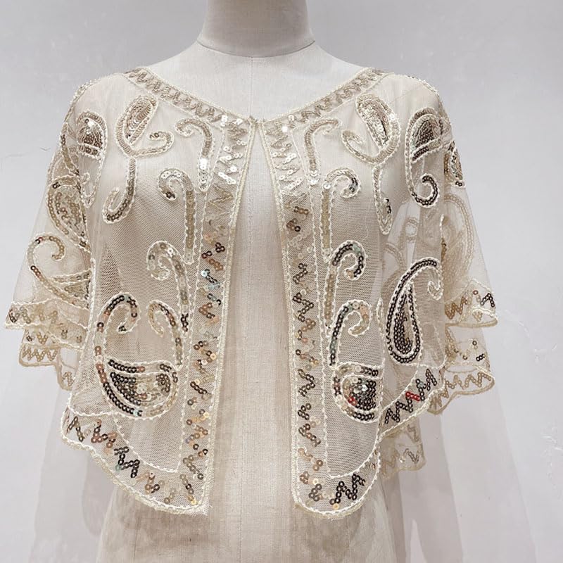 1Pcs Champagne 1920s Flapper Shawl with Sequin Detailing Breathable Mesh Elegant Short Cape for Women Parties Prom3