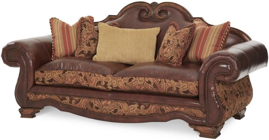 Michael Amini Tuscano Leather/Fabric High Back Sofa, Biscotti