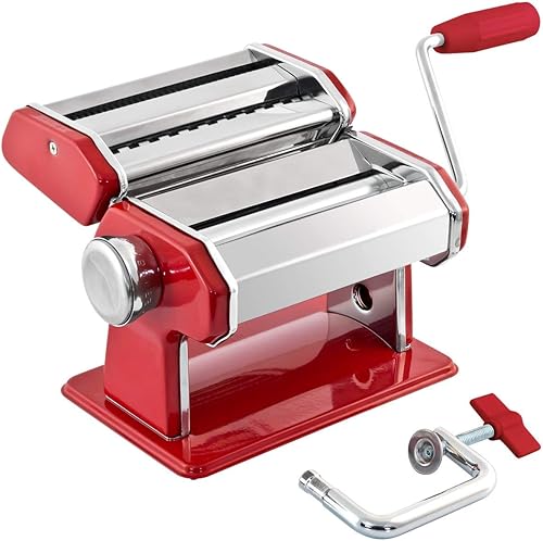GOURMEX Máquina manual de acero inoxidable para hacer pasta, con ajustes de grosor ajustables, perfecta para espaguetis y fettuccini caseros Rojo