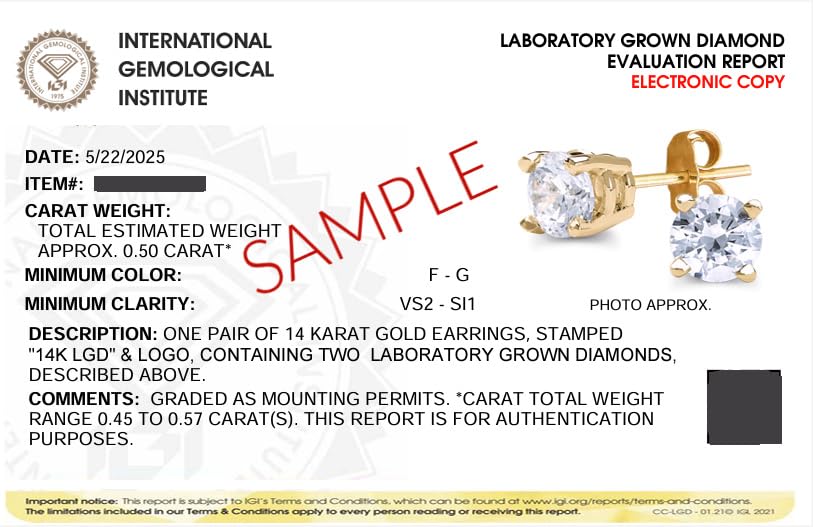 Certified Lab Grown Diamond Stud Earrings 1/2 to 3 cttw (F-G Color, VS2-SI1 Clarity) 14kt Yellow or White Gold4
