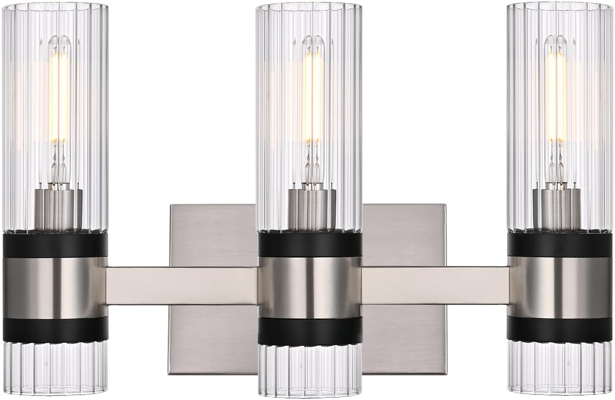 MELUCEE 3-Light Bathroom Light Fixtures Brushed Nickel, Farmhouse Vanity Lighting with Ribbed Clear Glass Shade Bathroom Bar Light Fixtures for Kitchen Bedroom Hallway, E12 Base