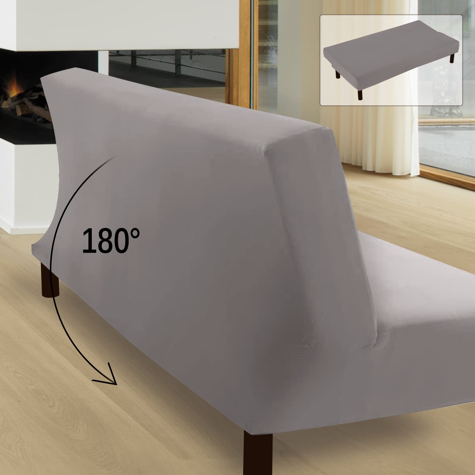 FIGOOO Copridivano senza Braccioli 3 Posti Elasticizzato Copridivano Letto Pieghevole Universale Lavabile Spandex Fodera per Futon a Tinta Unita Coperture Divano Clic Clac per Soggiorno Casa,Grigio