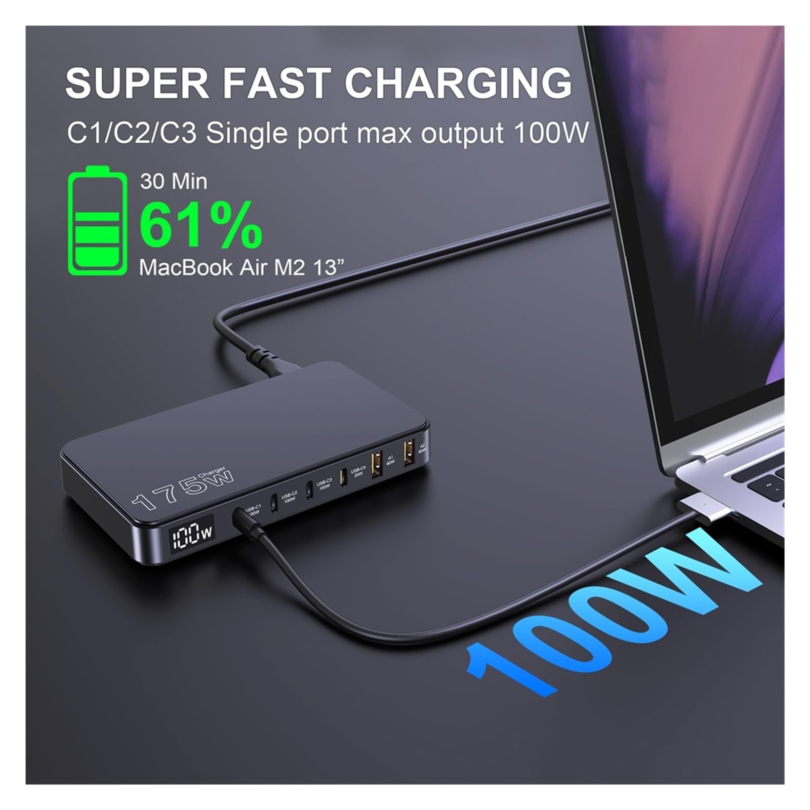 Stazione Di Ricarica USB C Da 175 W Caricatore GaN Ultrasottile A 6 Porte Display LCD Tavolo PD100W Capacità Di Ricarica Rapida