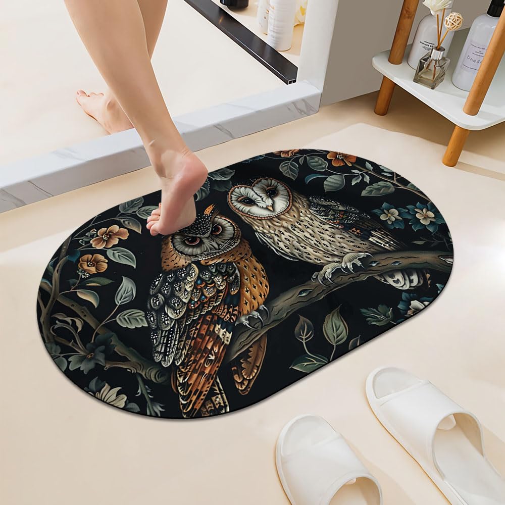 ZHUZHISHAN Two Owls Super Absorbent Quick-Drying Bathroom Mat Rug, Rubber Non-Slip Bottoms, Easy to Clean,Ultra Thin Bathroom Rugs Fit Under Door and