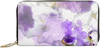 Carteiras femininas de couro genuíno íris aquarela flores porta-cartão de crédito estojo com zíper organizador de embreagem de couro feminino bolsa longa de viagem, Flores em aquarela com íris, 7x4.3x0.8 Inches