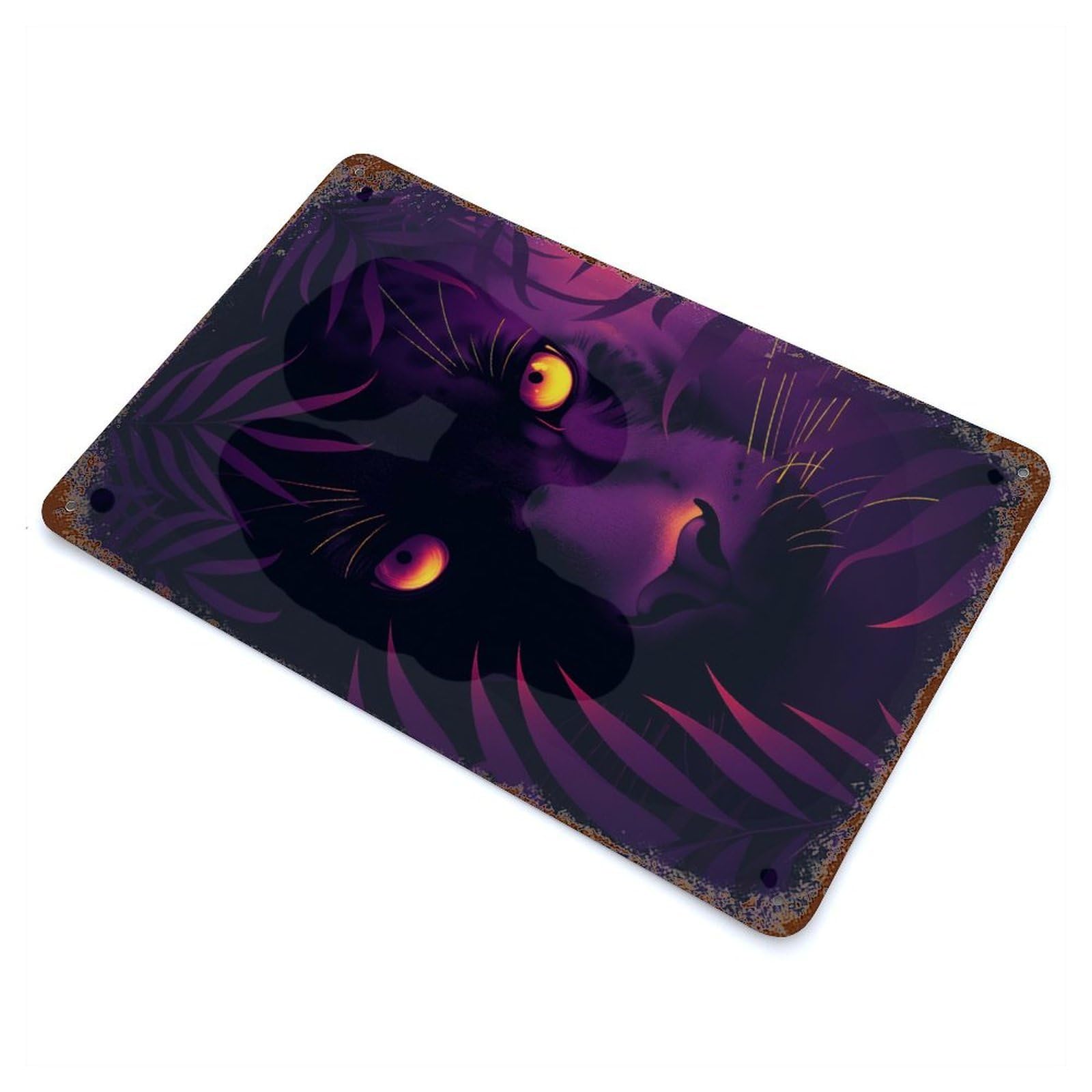 Retro Metal Sign Mystic Panther Vector Portrait with Glowing Eyes 11.8"x7.9", Retro Wall Decor for Living Room, Hallway And Home Decor