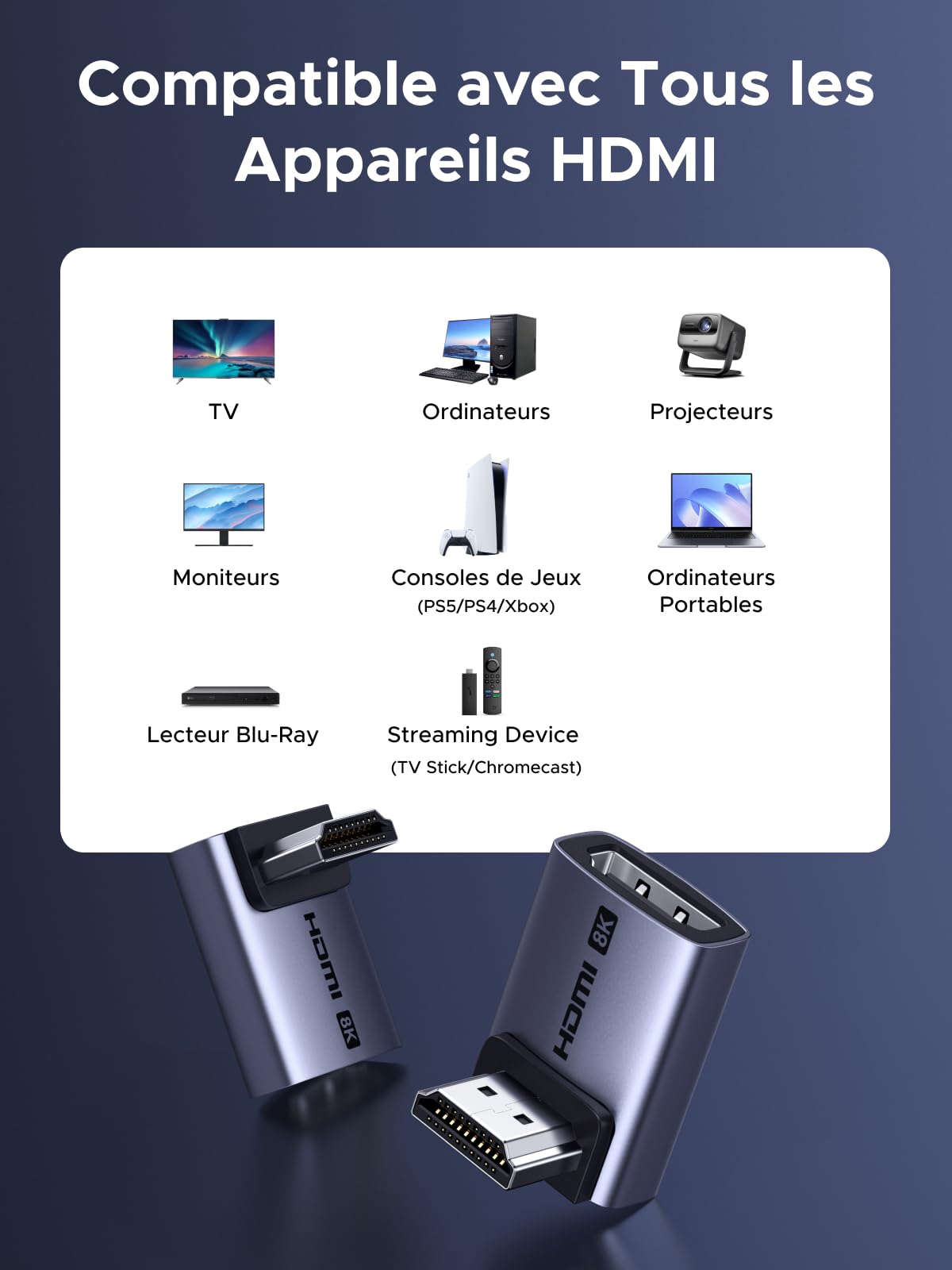 UGREEN Adaptateur HDMI 2.1 8K Coudé 90 et 270 Lot de 2 8K 60Hz 4K 240Hz Bidirectionnel Convertisseur HDMI 2.1 Mâle vers Femelle 48Gbps eARC HDR en Aluminium Compatible avec PC HDTV Projecteur Monitor