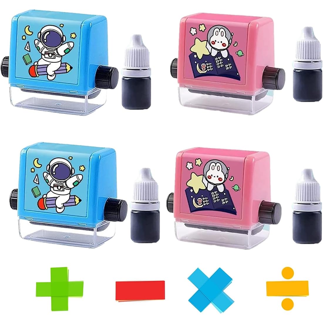 Mdyni 4Pcs Roller Digital Teaching Stamp, Multiply Divide Addition Subtraction Maths Math Roller Stamp With Ink For School Teaching Supplies