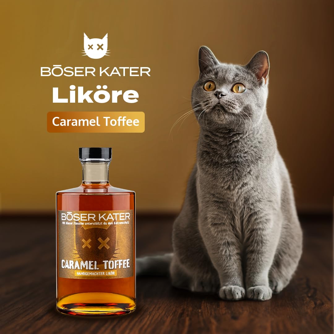 BÖSER KATER Caramel Toffee Likör Geschenkset mit 2 Gläsern | Süßlicher milder Karamelllikör | Für den puren Genuss & für spannende Cocktails | Perfekte Geschenkidee | Vegan & Handgemacht 0,5l 20% Vol.