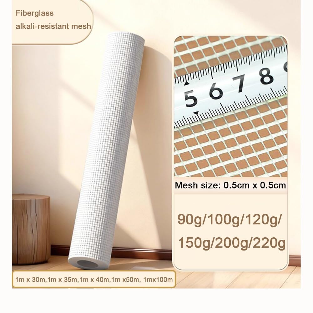 Rollos De Malla Fibra Vidrio, Reforzada Con Resistente A Los Álcalis, Adecuada Para Reparar Y Decorar Grietas Juntas En Paredes Interiores Exteriores(35m-100g)
