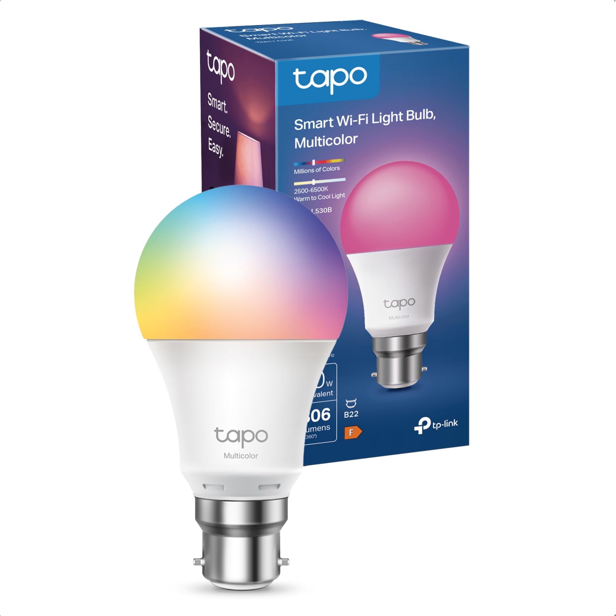 Tapo L530BA B22 Smart Bulb, Alexa Light Bulb, WiFi Smart Light Bulb, Multicolour, Dimmable, 8.3W (60W), Schedule and Timer