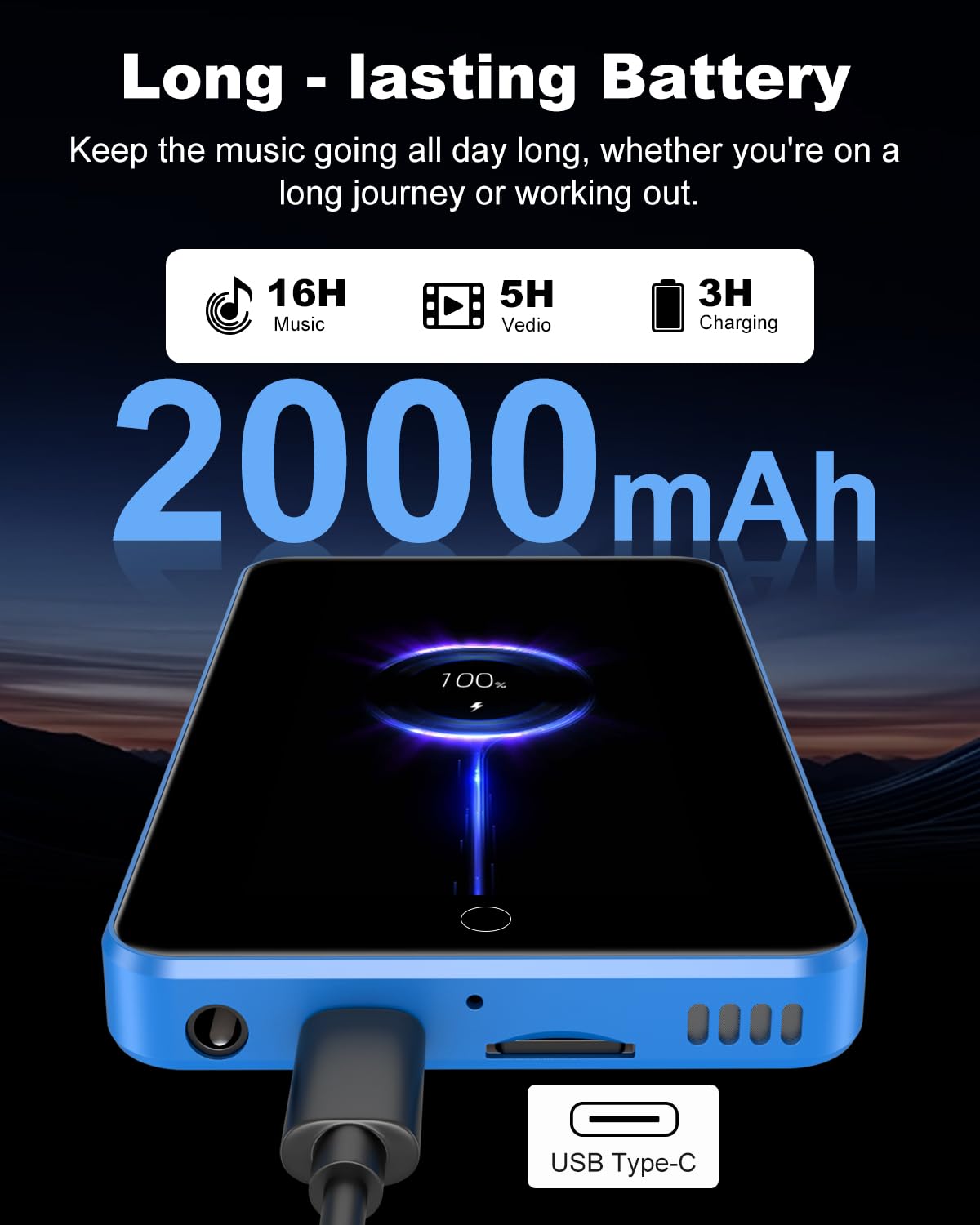 Lecteur MP3 80 Go avec Bluetooth et WiFi, écran Tactile 4 Pouces Lecteur MP3 pour Enfants Haut-Parleur intégré, Lecteur MP4 avec Spotify, Audible, Amazon Music, Deezer, Radio FM, jusqu'à 1To, Bleu
