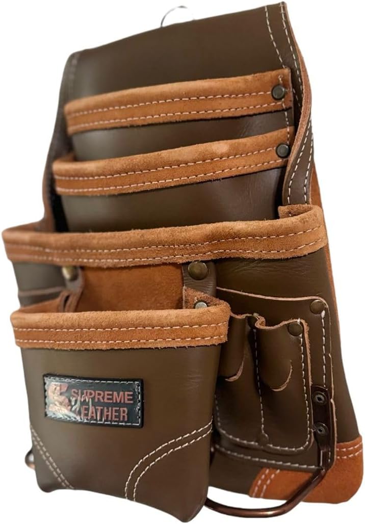 10-Pocket Top Grain Tool Pouch | Durable General Construction Leather Tool Pouch | Brown