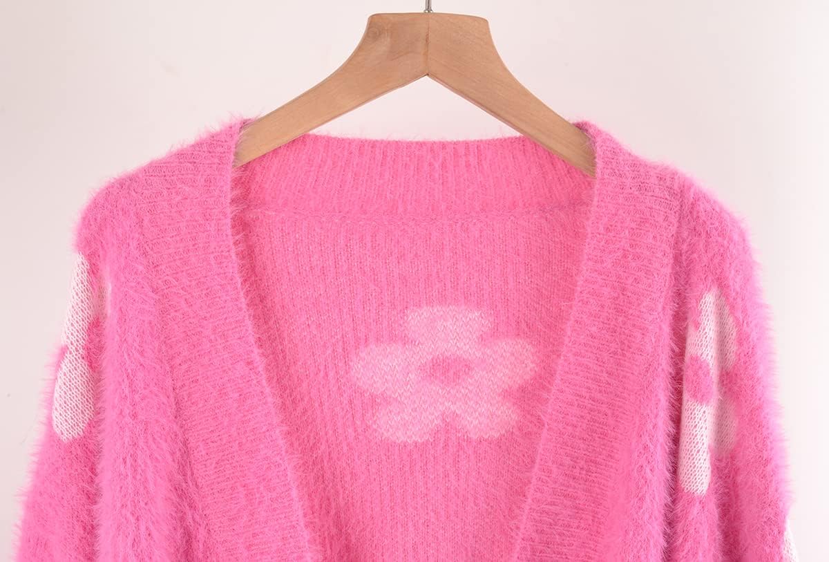 chouyatou Women's Fuzzy Daisy Printed Cropped Cardigan Open Front Jacquard Knit Sweater Tops - Image 5