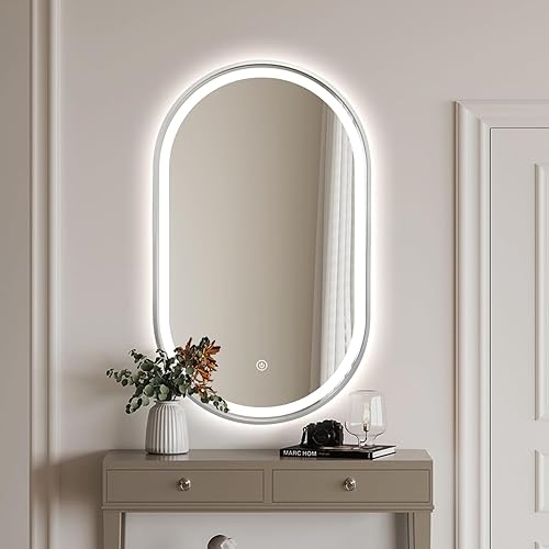 Miniatura 10 de TheiaMo Espejo de baño LED ovalado de 36 x 24 pulgadas, espejo de tocador iluminado con marco plateado, espejo ovalado montado en la pared con