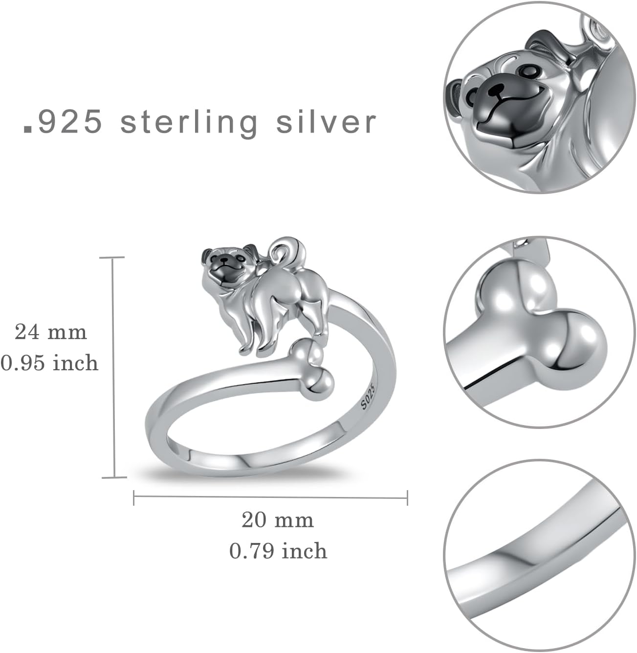 Pug Gifts for Pug Lovers 925 Sterling Silver Pug Ring Dog Jewelry Gifts for Women - Image 4