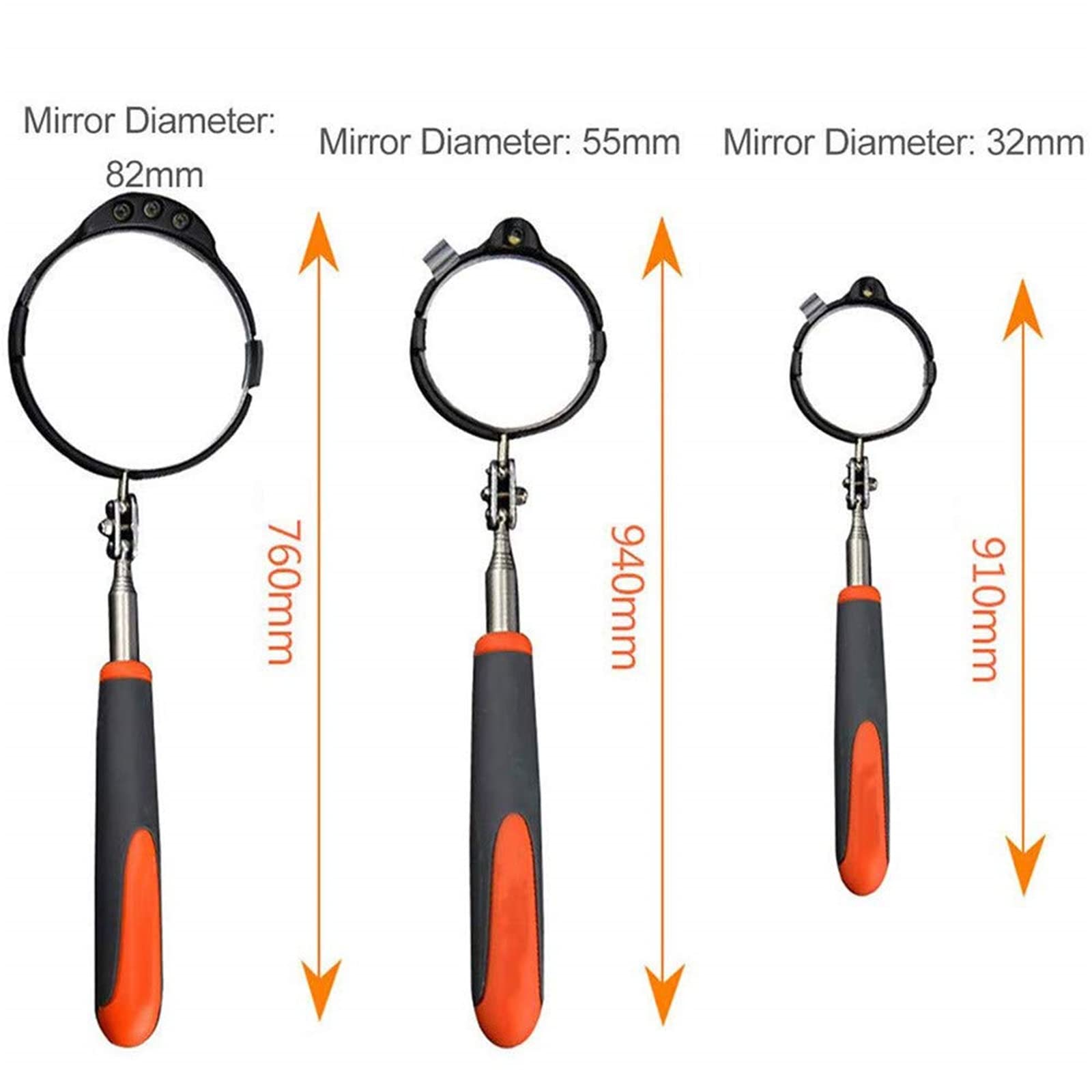 Miroir d'inspection télescopique avec éclairage, 3 pièces, pour Inspection sous véhicule, Entretien du châssis, Longueur télescopique 760 mm/910 mm/940 mm