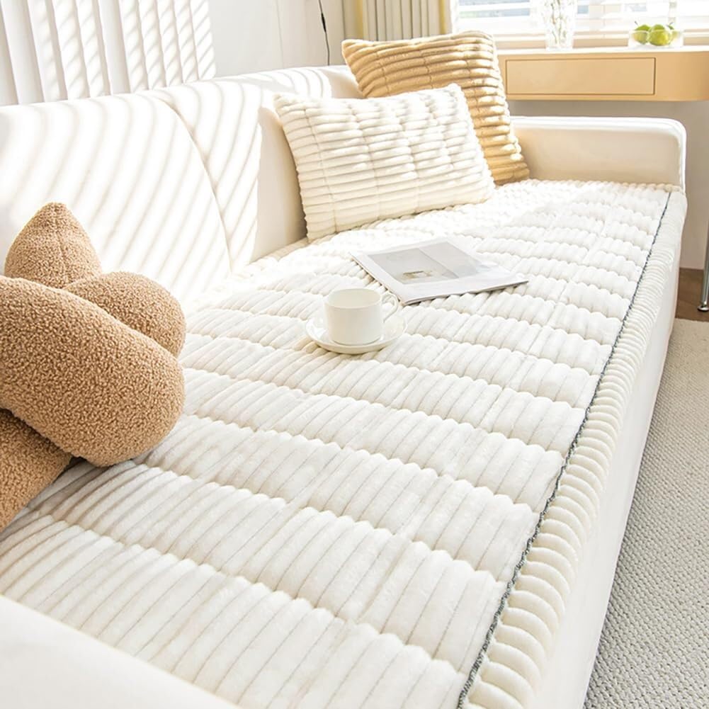 RAKKYOFD Soft Corduroy Sectional Sofa Cover 1 Piece Striped Couch Cover Super Washable Non Slip Sofa Slipcover Furniture Protector for Kid Dog Pet,(Cream,35"x63")