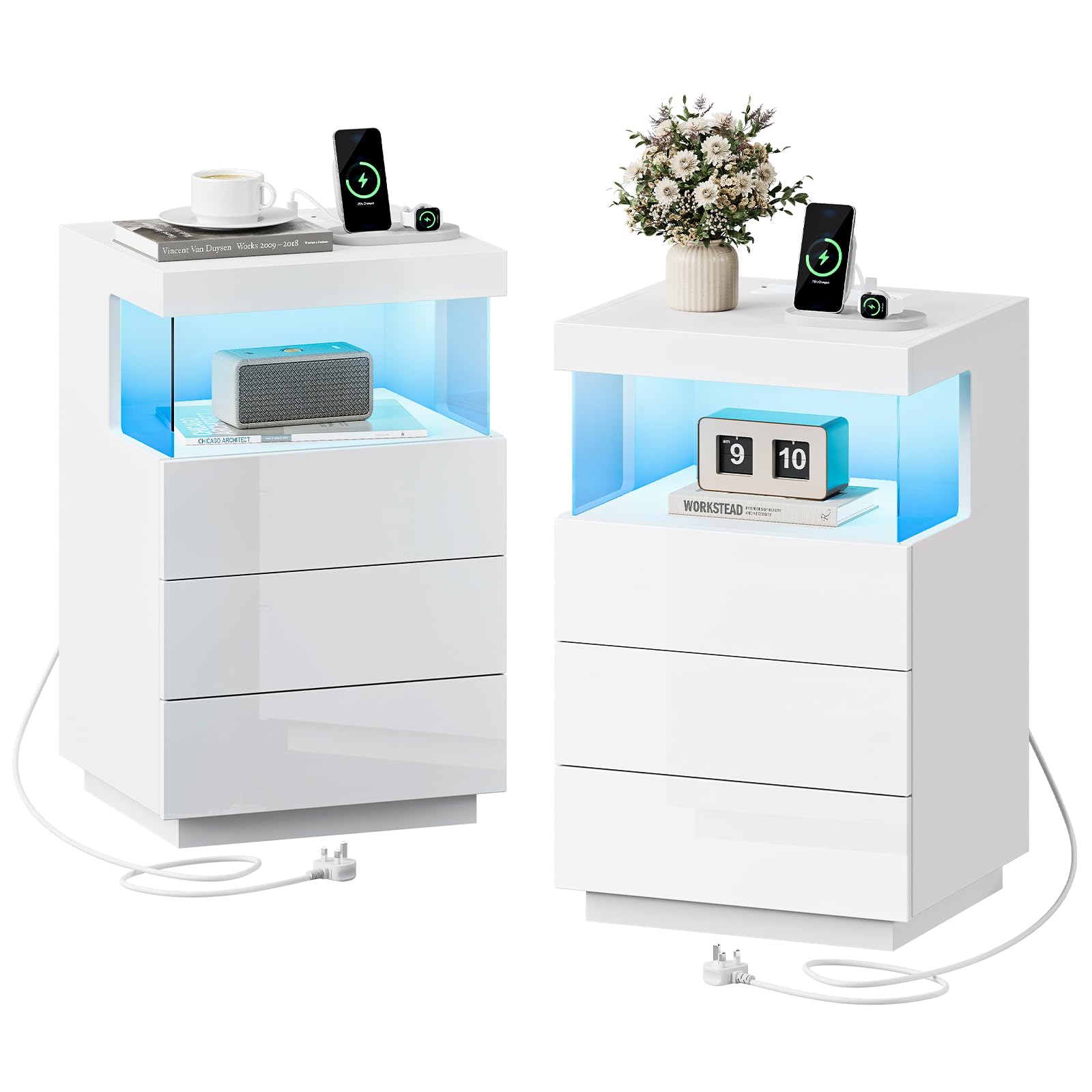 Dripex Bedside Table Set of 2 with Charging Station - High Gloss Side Table with 3 Drawers, Adjustable LED Lights, 2 AC Outlets & 2 USB Ports, Bedside Cabinet for Bedroom, Living Room, Office (White) — image 1
