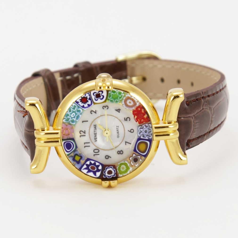 Glass Of Venice Murano Glass Millefiori Watch with Leather Band - Brown Multicolor