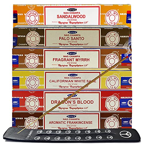 Satya Incense Sticks Variety Pack #10 And Holder Bundle With 6 Classic Fragrances Sandalwood Dragon's Blood Palo Santo White Sage #TOP3