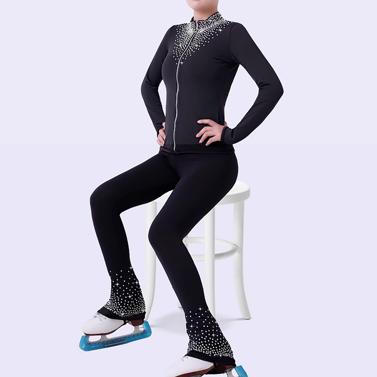Veste et Pantalon de Patinage Artistique Ensemble pour Filles et Femmes avec Strass Chaud Costumes Patinage Artistique(Size:XS,Color:Noir)