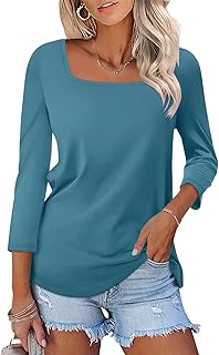 Womens 3/4 Sleeve Square Neck Tops Casual Summer Tops Trendy Womens T Shirts Ladies Tops