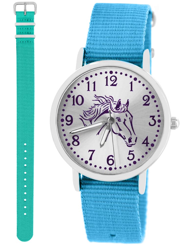Pacific Time Orologio Bambini Con Motivo Cavallo - 2 Cinturini, Viola E Verde, 3.2 Cm