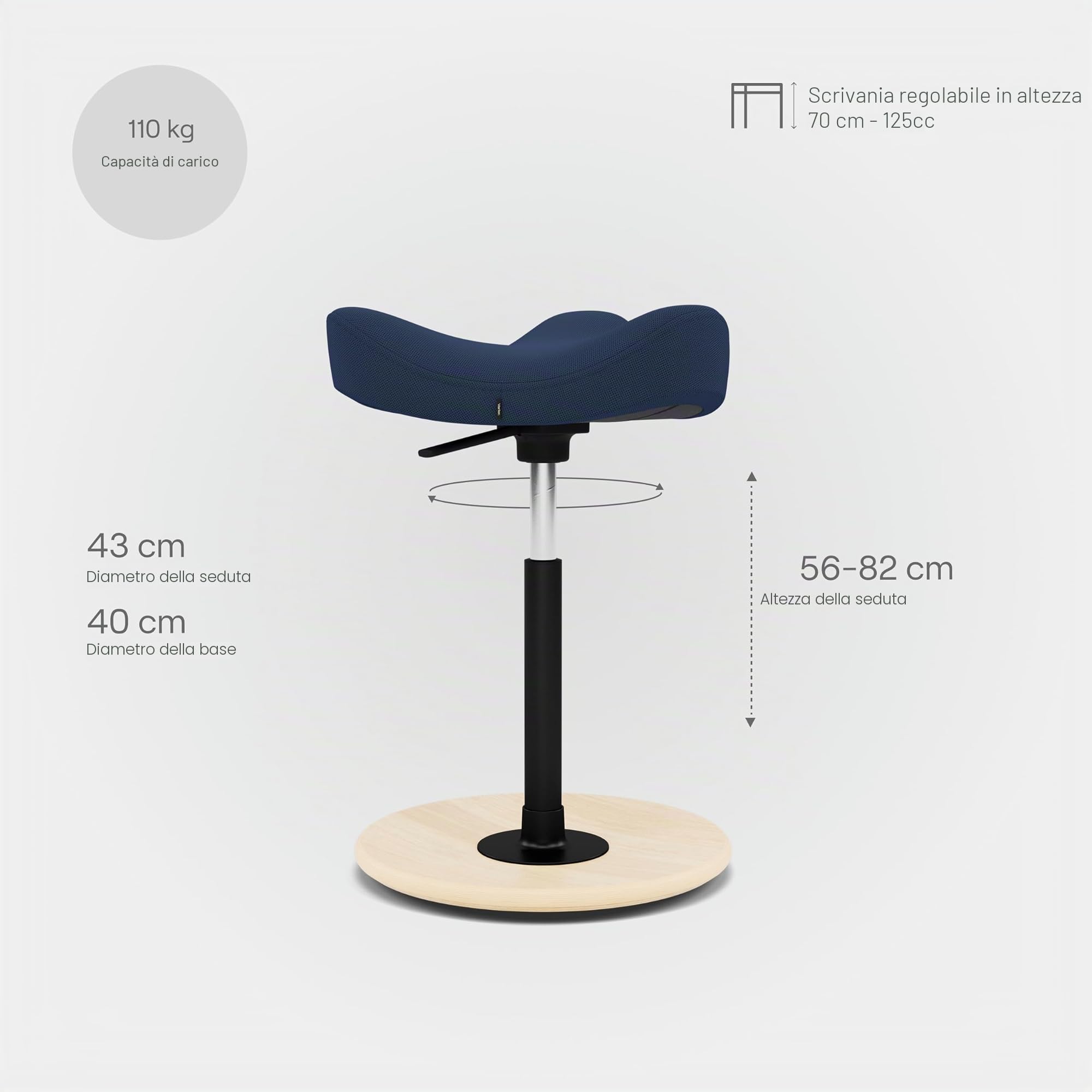 Varier Move Sgabello Sit-Stand per Tavoli ad Altezza Regolabile, Base Naturale e Tessuto, Blu