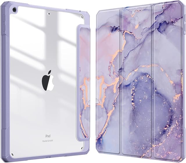 FINTIE Hybrid Case Compatible with iPad 9th/8th/7th Generation (2021/2020/2019 Model, 10.2 inch) - Shockproof Cover with Clear Back Shell w/Pencil Holder, Auto Wake/Sleep, Lilac Marble