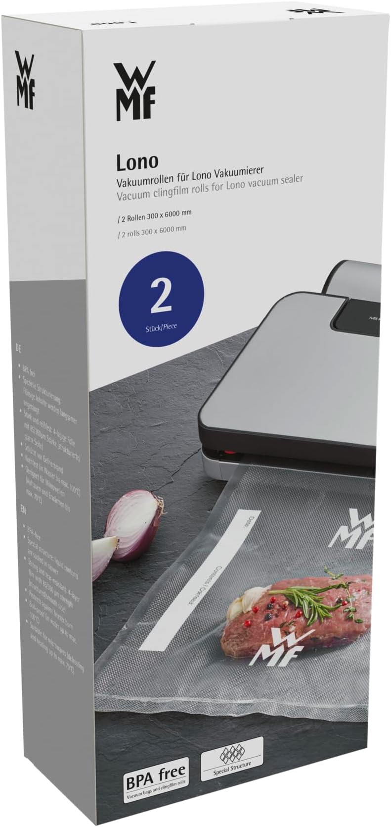 WMF Lono Vacuum Sealer Rolls - 2 Rolls - 600 x 30 cm - 4 Ply Film - Textured/Smooth Side - BPA - Transparent
