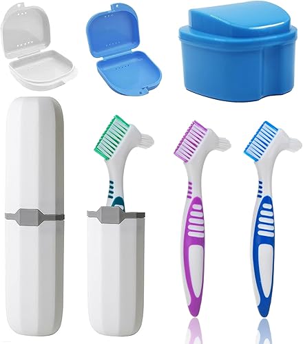 Kit de 7 piezas de cepillo para dentadura postiza, herramientas de limpieza de dientes falsos con 3 cepillos, 2 retenedores y cajas de baño con caja