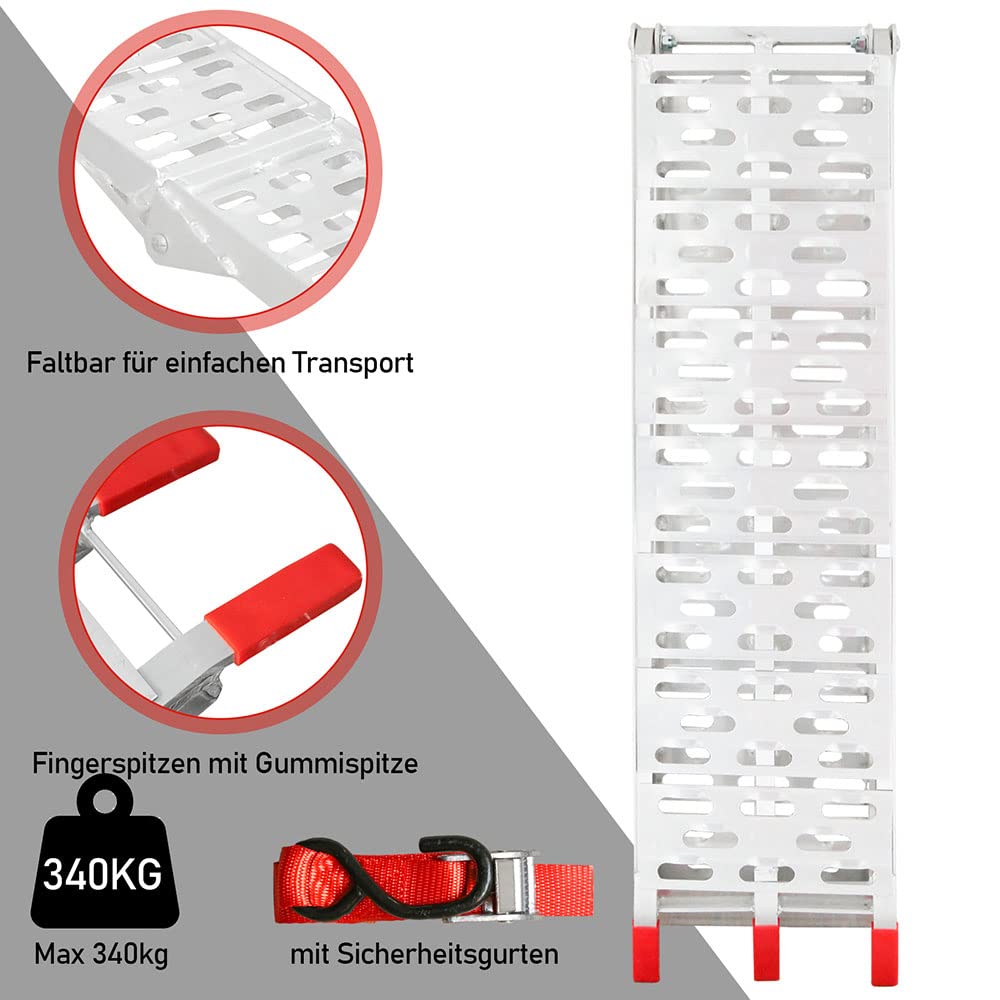 Herrselsam Klappbar Auffahrrampe, Alu Verladerampe, rutschfest Verladeschiene, 226 x 30,5 x 5,5cm, Max 340kg, Auto Laderampe für Motorrad, Anhänger, Rasenmäher. Silber