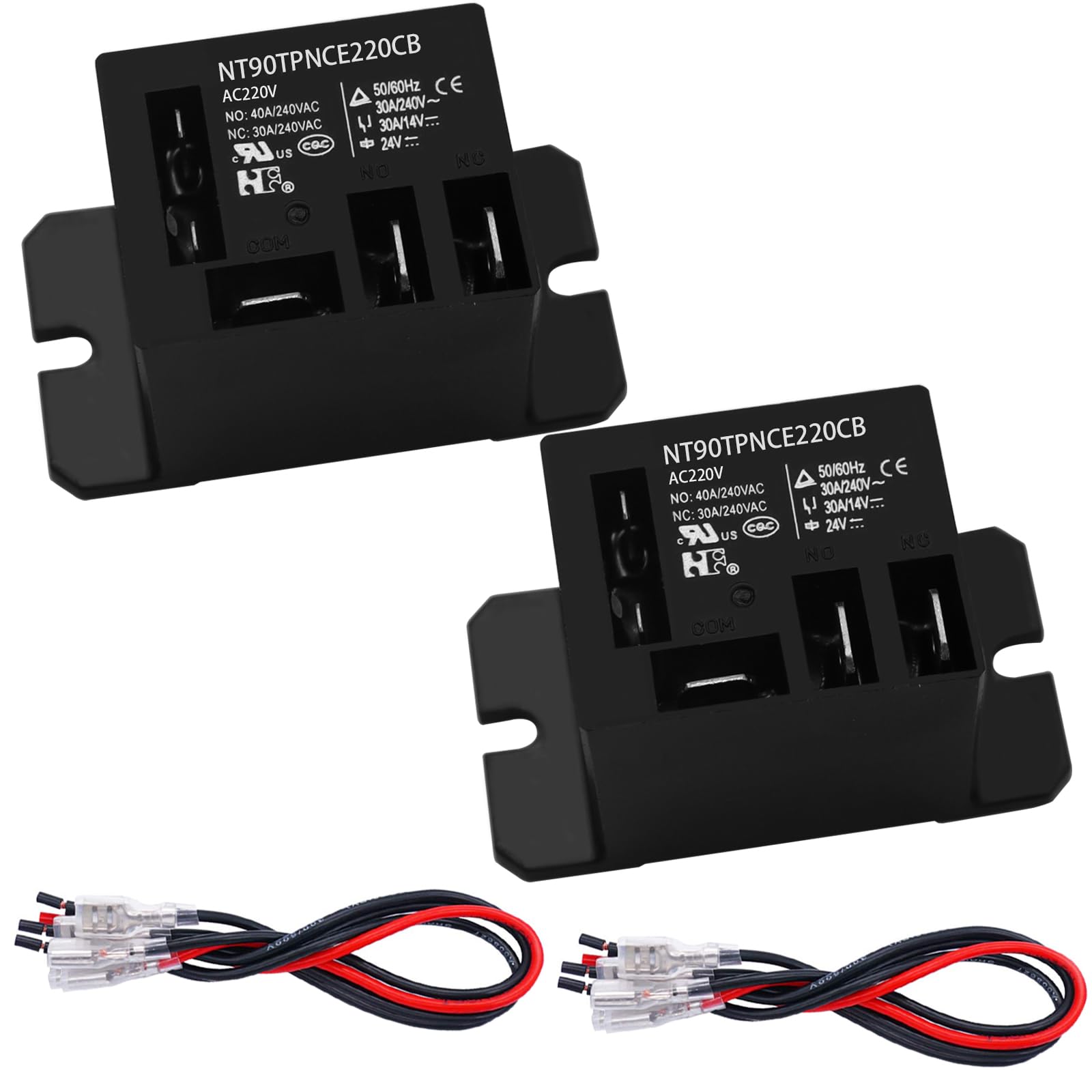 Tnisesm 2PCS Power Relay AC220V Coil, 30A SPDT(1NO 1NC) 120 VAC with Flange Mounting and 10 Quick Connect Terminals Wires Mini Relay NT90-AC220V-10X