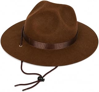 COLLECT PRESENT Adult Brown Ranger Costume Hat, Wide Brim Explorer Hat with Adjustable Chin Strap, Felt Style Safari Hat for Halloween, Cosplay, Scout, Stage Performance & Theme Parties