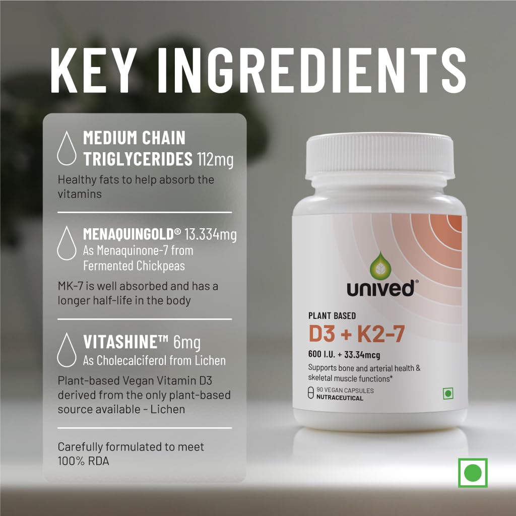 Unived D3+K2 (MK-7) | Vitamin D3 & Vitamin K2-7 (MenaquinGold) | Immunity, Heart, Muscle, & Bone Health | Plant-Based & Natural | 90 Vegan Capsules Unived D3+K2 (MK-7) | Vitamin D3 & Vitamin K2-7 (MenaquinGold) | Immunity, Heart, Muscle, & Bone Health | Plant-Based & Natural | 90 Vegan Capsules