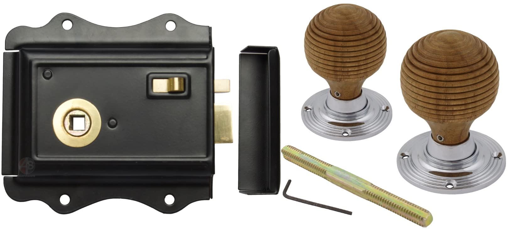 Ab Hardware Polished Chrome + Rim Lock Old English Victorian Style Latch Lock Snib + Teak Beehive Rim Door Knob Set (Polished Chrome + Rim Lock)
