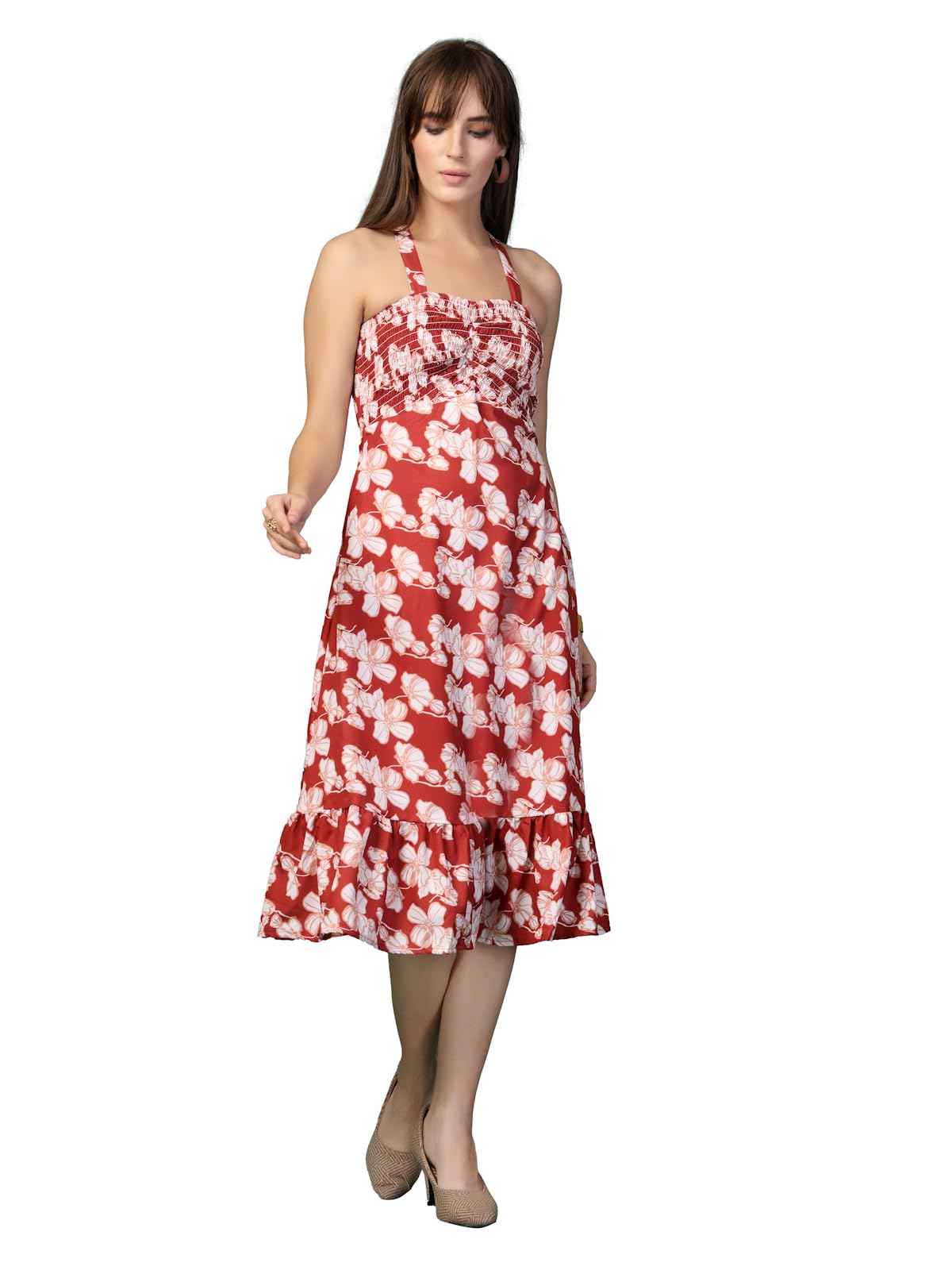 Oomph! Women's Western & Fusion Wear Printed Crepe Dress For Women, Smocked Bodice, Red - Md1049
