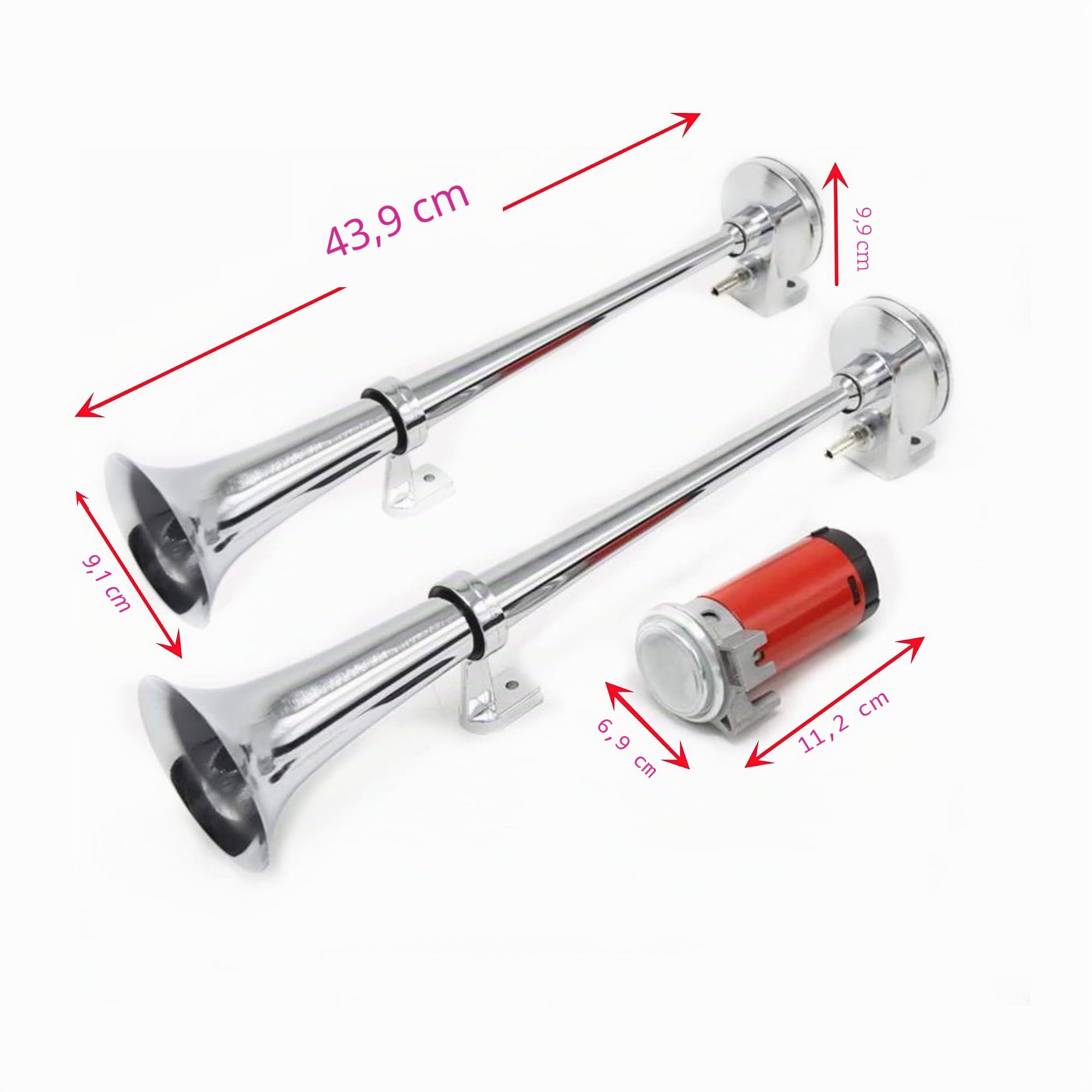 Bocina de Aire para Coche y Camión 24V Doble con Zinc Cromo Plata 170db - Eléctrica Impermeable con Bomba de Aire Roja para Barco SUV