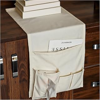 Sofa Armrest Organizer Couch Armchair Remote Control Holder Hanging Bedside Caddy Multi-Pockets Storage Bag for Magazines Books Cell Phone Tablet Tissue Paper White