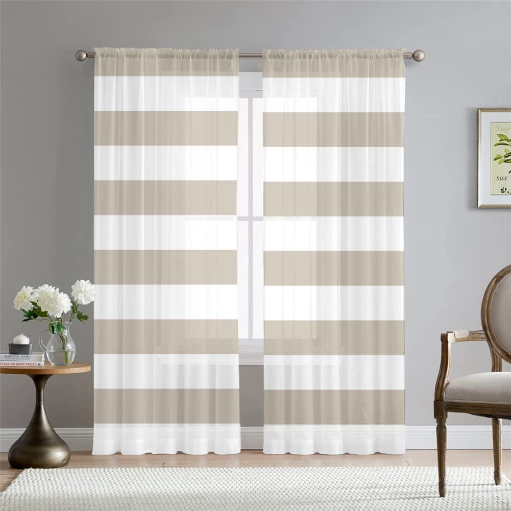 Hiseng Voile Curtains for Bedroom 2 Panels, Soft Sheer Curtains Translucent Window Screen Tulle Door Drapes for Living Room Balcony Home Decorative (W132*H182,Khaki)