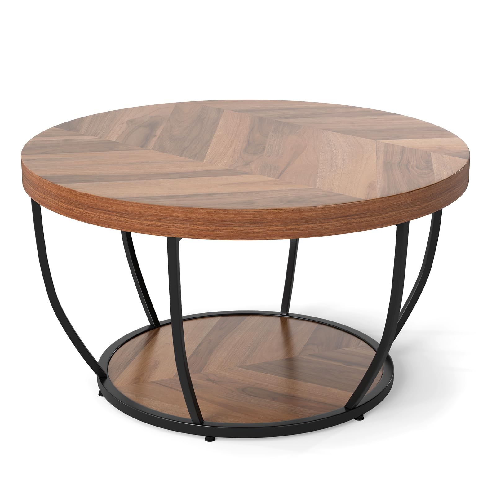 GOPLUS Mesa de Centro Redonda de 2 Niveles, Mesa de Café con Marco Metálico y Estante de Madera, Estilo Rústico con Pies Ajustables, para Salón, Dormitorio y Oficina, Carga 90KG, D.80x45CM (Natural)