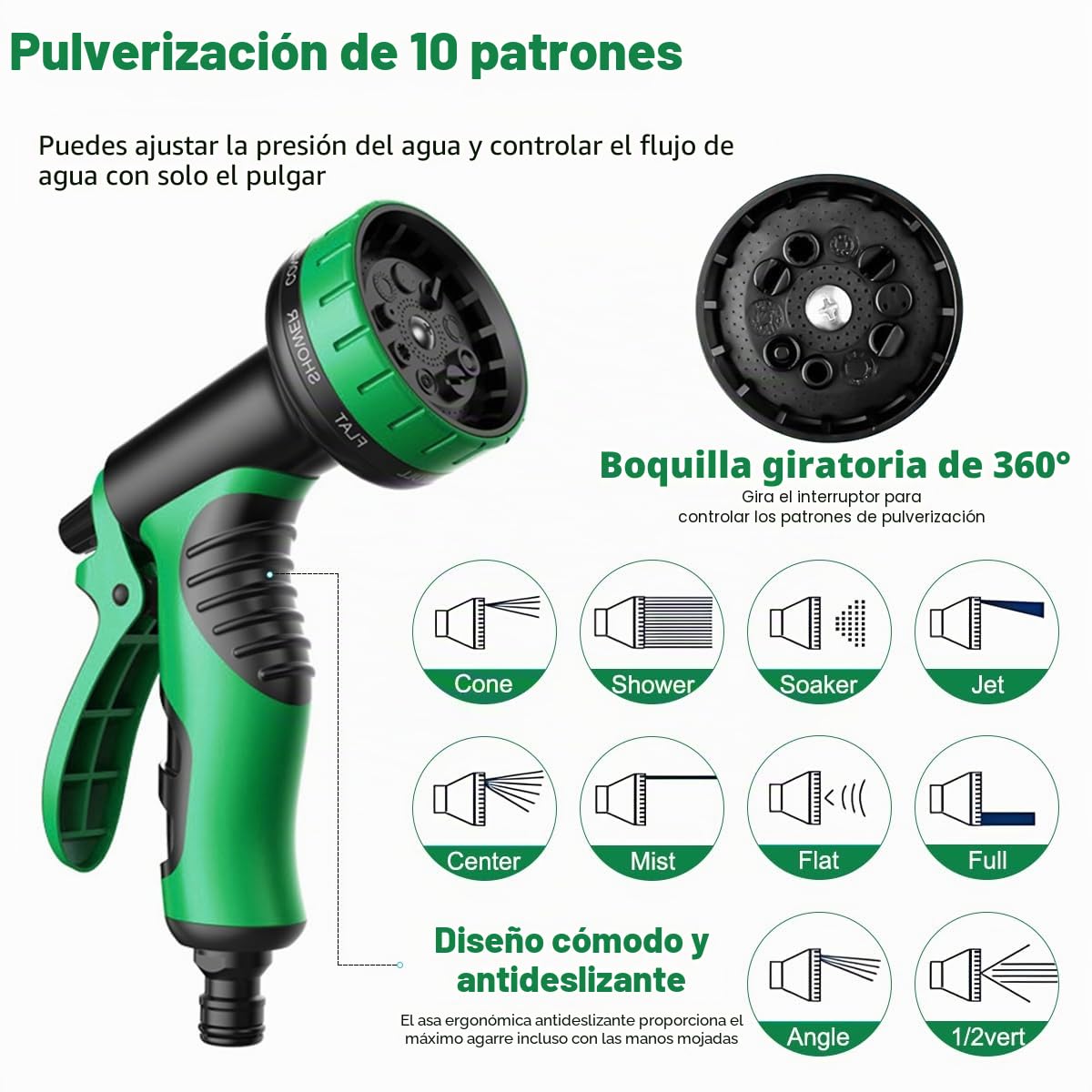Manguera de jardín flexible de 30 m/100 pies verde, con pistola pulverizadora y conexiones de latón de 3/4" y 1/2", manguera de agua extensible y flexible con 10 funciones, 3x extensible, sin dobleces
