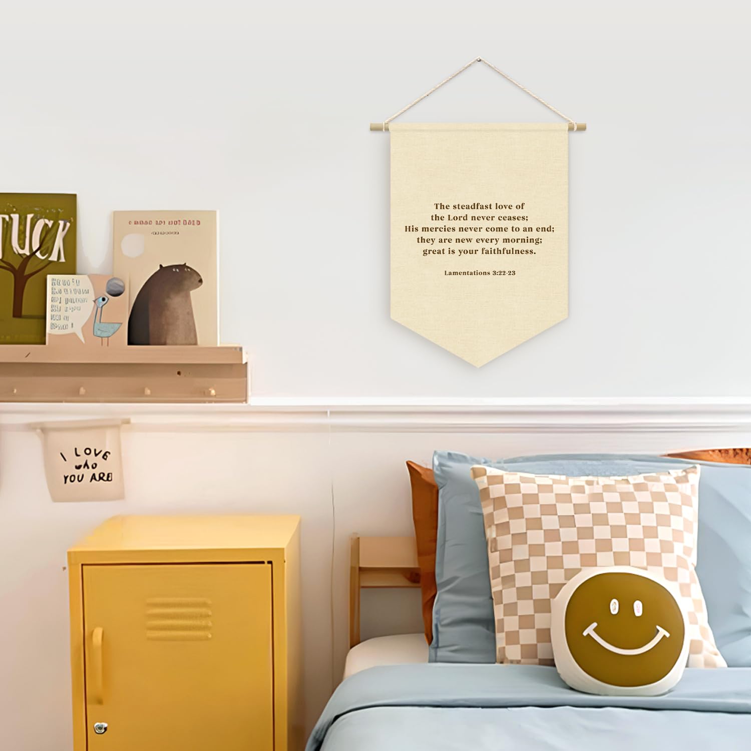 ETVISO Bible Verse Wall Art, Nursery Decor, for Kids Wall Art Canvas Banner, Inspirational Christian Wall Hanging Pennant Flag Canvas Banner for Baby Kids Bedroom, Lamentations 3:22-23 15x11in