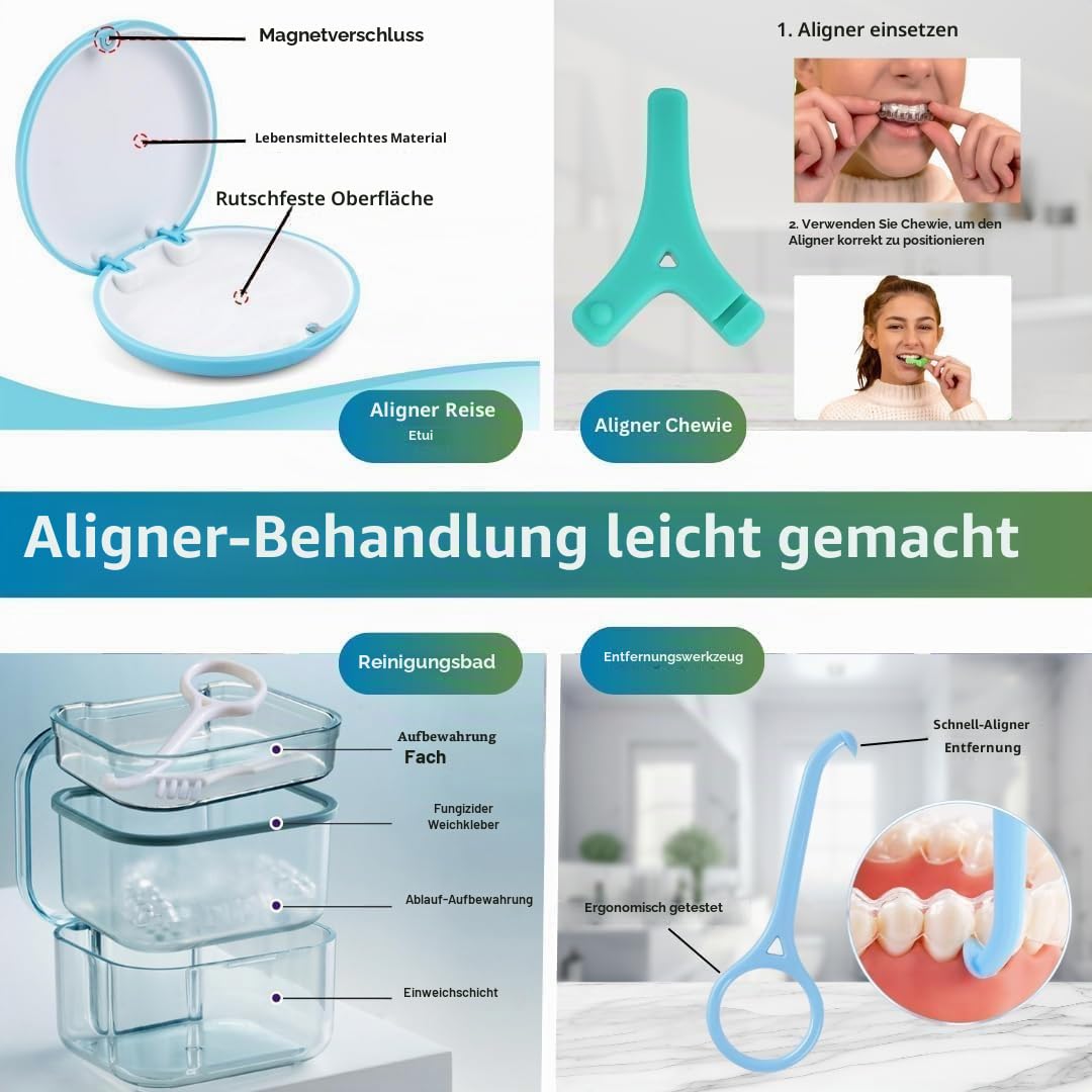 Retainer-Set mit 36 ​​Retainer-Fresh-Tabletten, Retainer-Etui, Aligner-Reinigungsbox, Aligner-Entfernung und Kauen, kieferorthopädisches Wachs, Aligner-App und E-Book