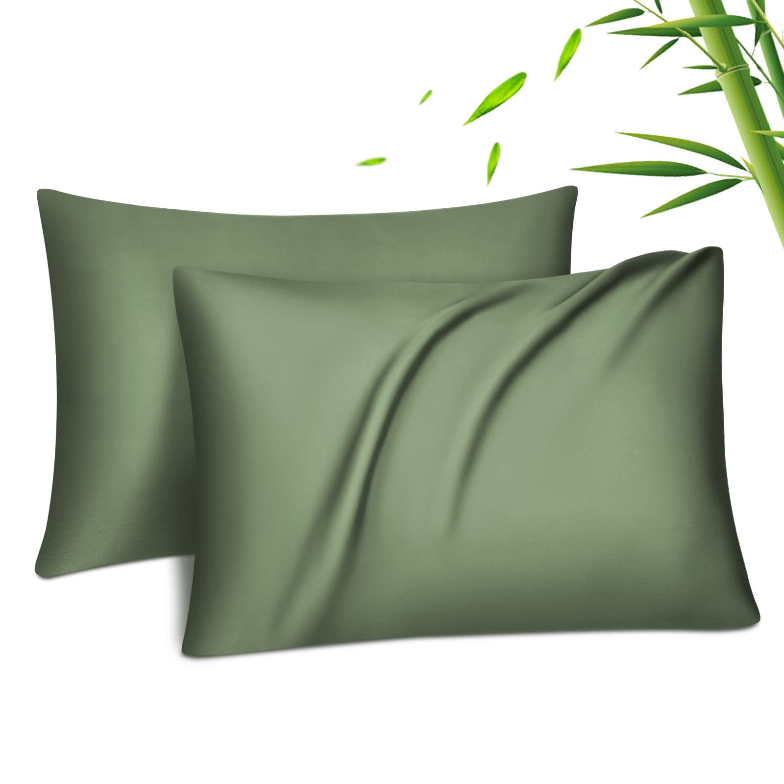 Fittia Lyocell - Set di 2 federe per cuscino in fibra di bambù, morbido, rinfrescante, traspirante, con chiusura lampo nascosta, 50 x 70 cm, colore: Verde bambù
