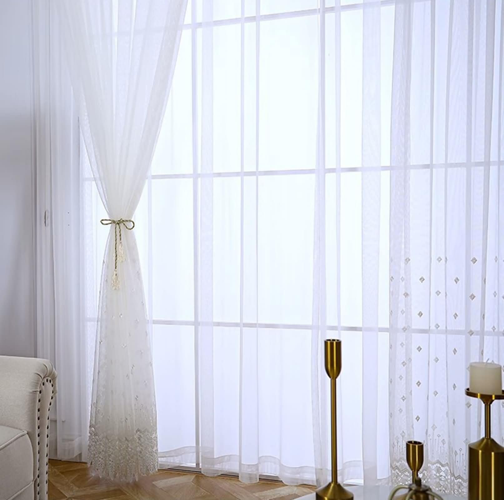 Beydodo Vorhänge Schlafzimmer 2er Set 86x183CM, Gardinen Halbtransparent Haken Beige Spitze mit Stickerei Nordisch Schiebevorhänge Gardinen Lichtdurchlässig für Wohnzimmer Kinderzimmer Küche