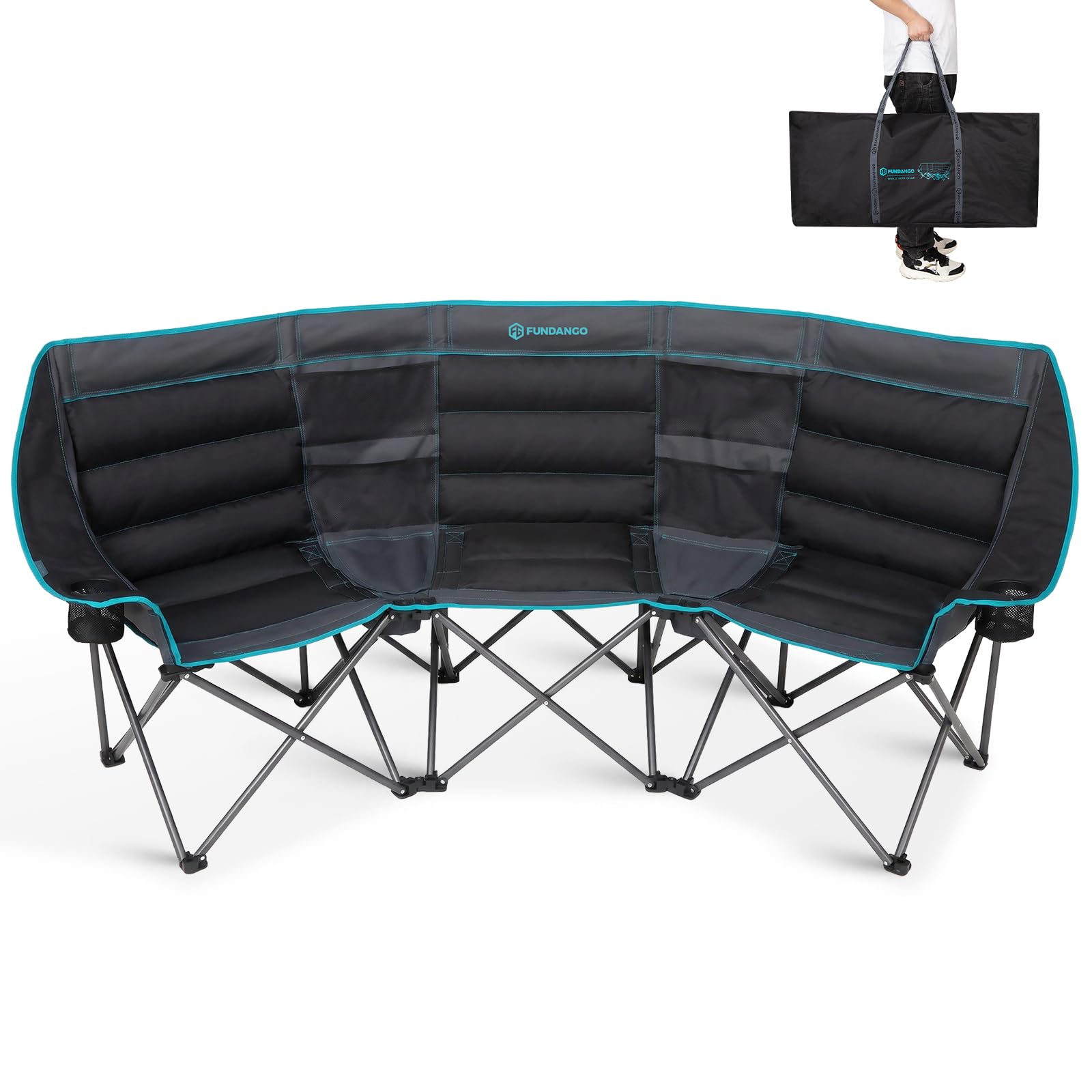 FUNDANGO XXL 3-Sitzer Campingstuhl mit 2 Kühltaschen, Extra Breites Sofa belastbar bis 450kg, Gepolsterter Klappstuhl mit Getränkehaltern für Camping, Garten, Strand & Festivals