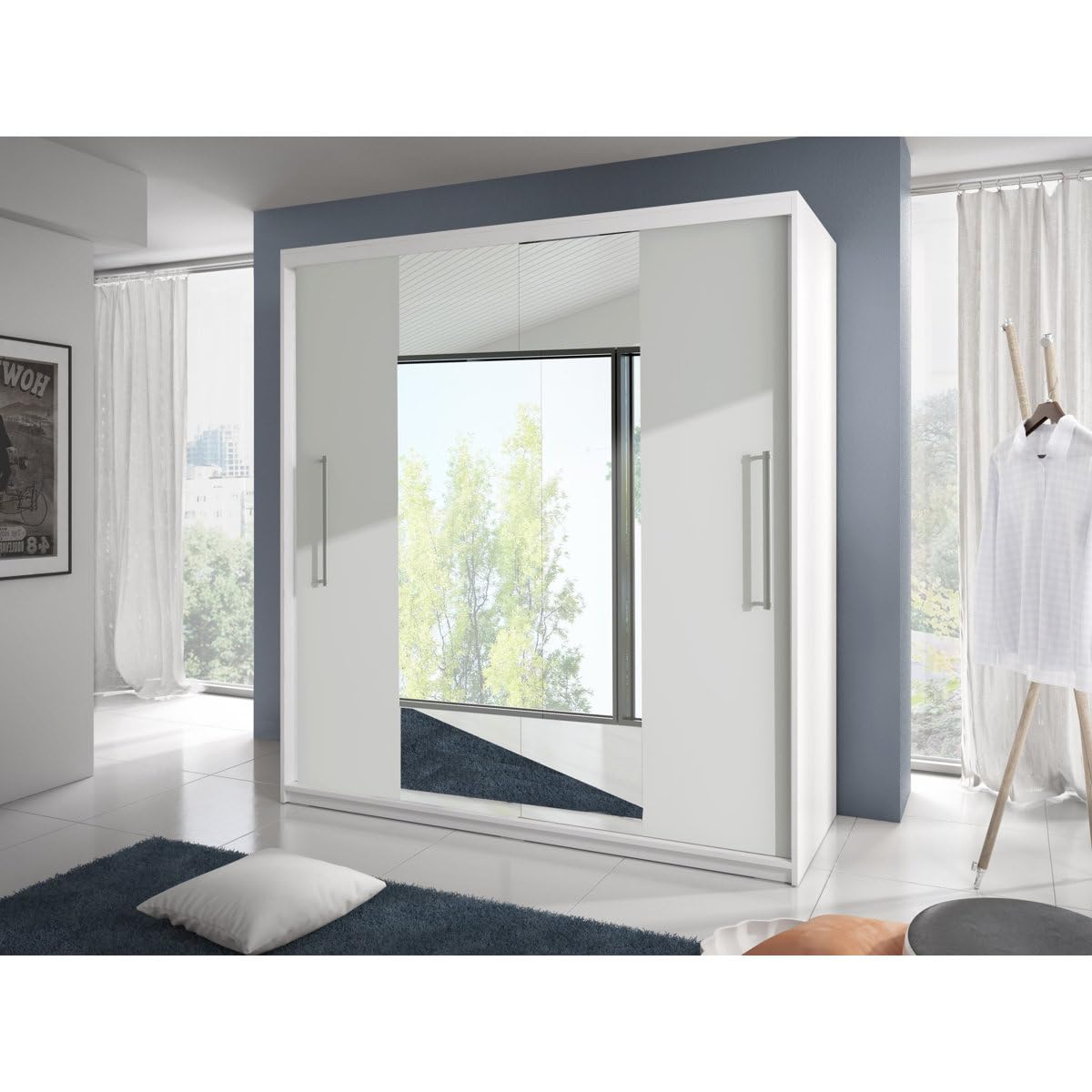 Ozone Engineering Wood Wardrobe with Gloss White 3-Door Sliding | Large Center Mirror, Modern Finish, Sliding Doors, Engineering Wood, 3 Door Design-image-46